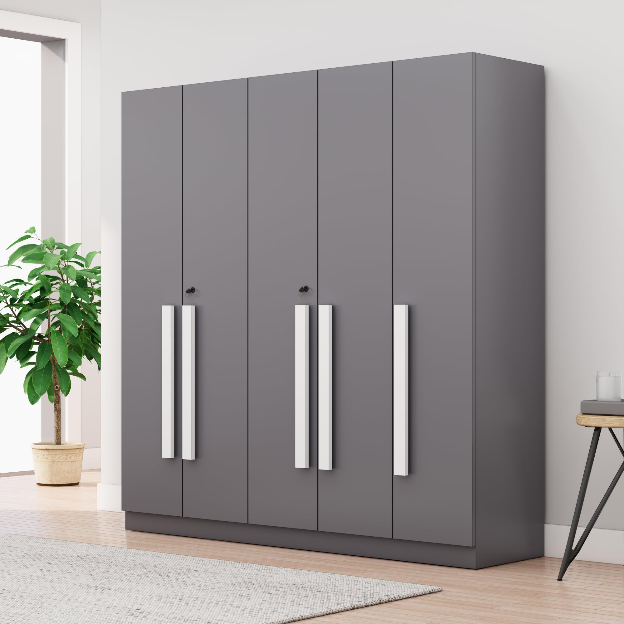 Bniture 5 Door Wardrobe for Bedroom with Lockable Door & 2 Hanging Space | Almirah for Clothes with Vertical Slatted Panels, Spacious Storage Cupboard with 7 Shelves (Slate Grey)-image-33