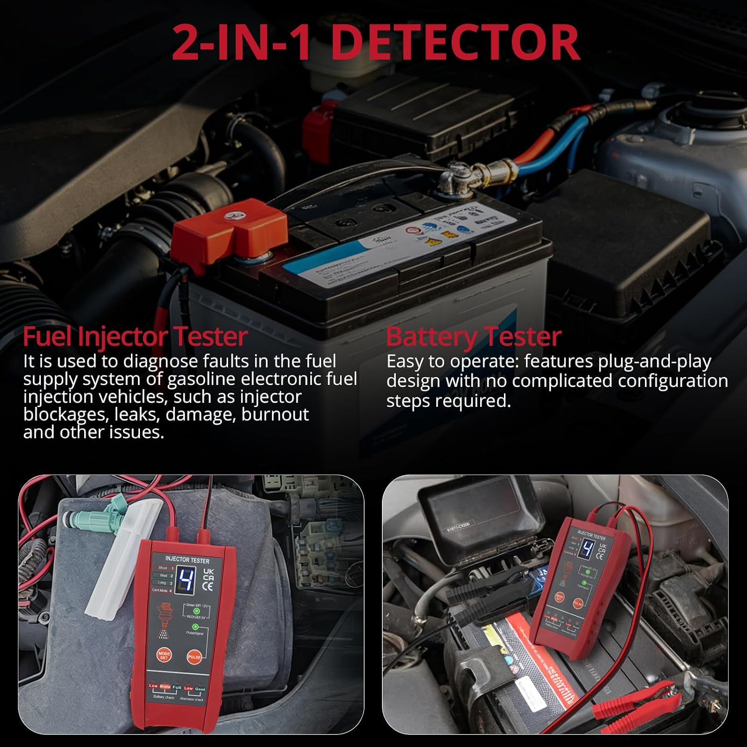 BINTA 2-in-1 Universal Fuel Injector Tester Cleaner & Car Battery Tester | 8 Pulse Modes Dual Channel, 6 Cleaning Adapters for EFI (12V) / GDI (5V) Injector, 6-16V DC Voltage Monitor for Automotive