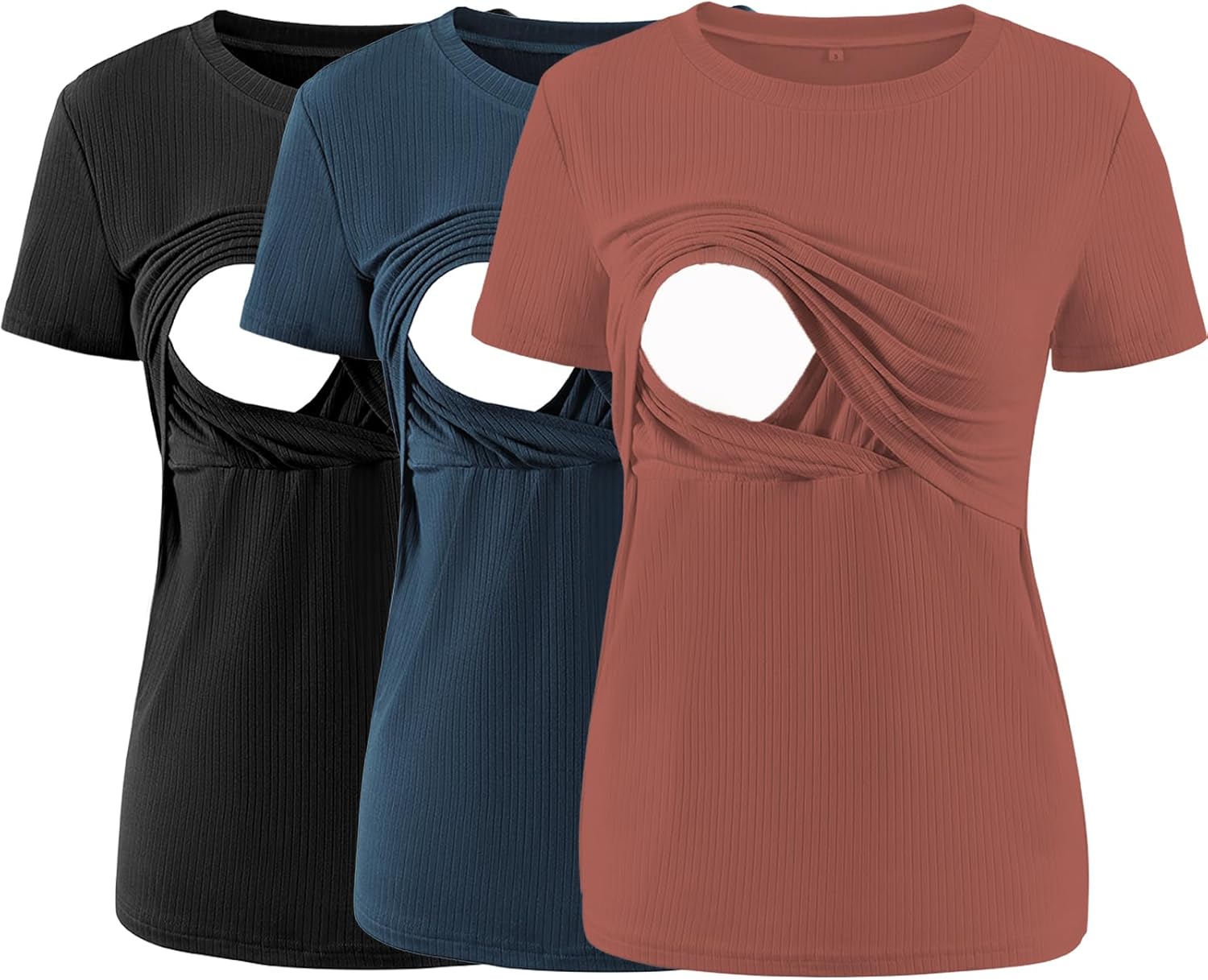 Liu & Qu Women’s Maternity Nursing Tops Rib Short Sleeve Breastfeeding Shirts Maternity Clothes 3-Pack