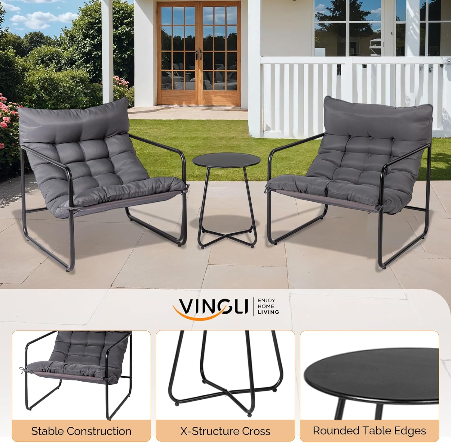 VINGLI 3 - Piece Patio Chair Set with Side Table, Outdoor/Indoor Chairs with Thick Cushions, Heavy Duty 400 LBS Capacity, Patio Bistro Set Suit for Garden, Yard, Grey