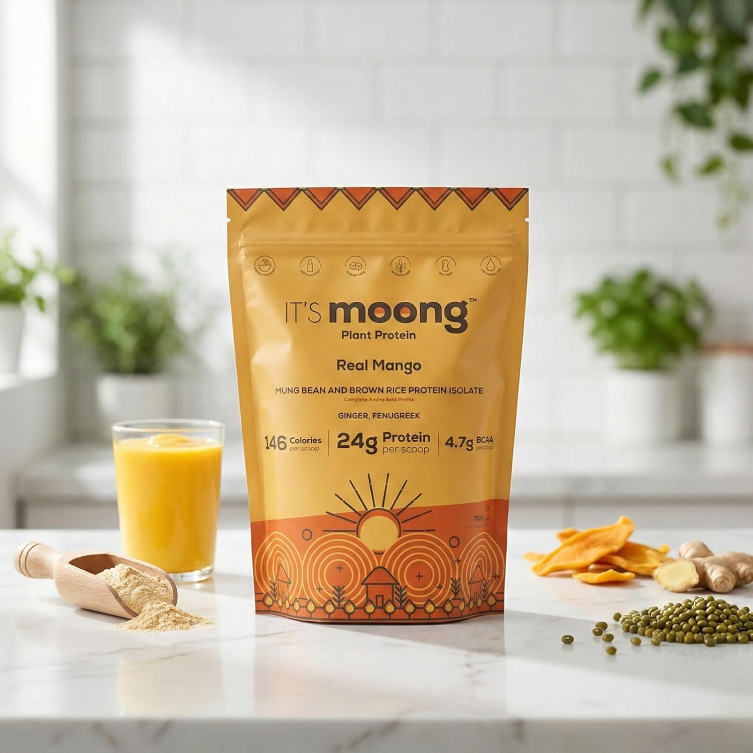 IT’S Moong Plant Protein Powder, Real Mango Flavor | Mung Bean & Brown Rice Protein Isolate Ginger & Fenugreek, 24g Protein 4.7g BCAAs | Vegan, Gluten Free, Dairy Free, Soy Free, Sugar Free, 17.64 oz