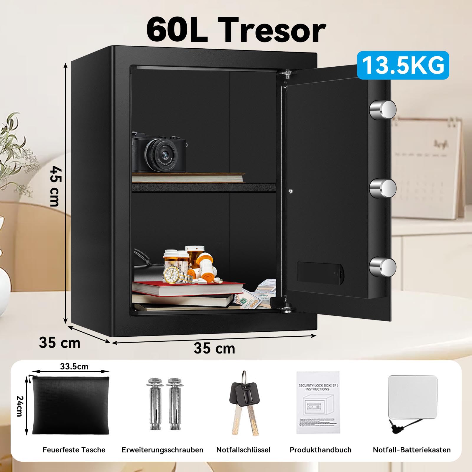 Digital Security Elektronischer Tresor mit LED-Beleuchtung, 60L Feuersicherer Safe für Zuhause, Büro, Hotel – Inklusive A4-Dokumentenbeutel und Wandmontage-Set (35x35x45cm)