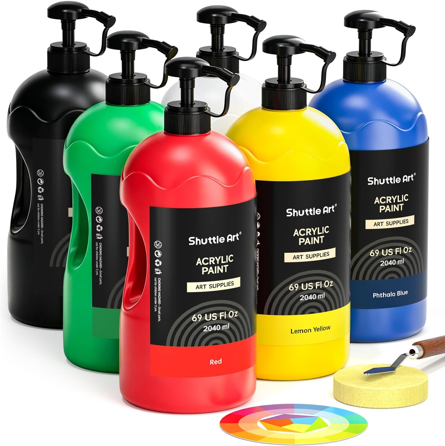 Set de Pintura Acrílica Shuttle Art 6 Colores, Botes Grandes de 69oz/2040ml con Bomba, Pigmentos Intensos, Alta Cobertura, Secado Rápido, No Tóxico, para Pintura en Lienzo, Madera, Cerámica, Roca y Manualidades DIY
