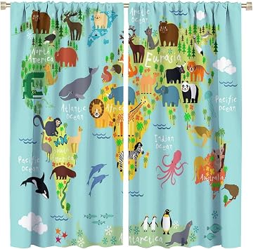 Kids Animals Blackout Window Curtains, Cartoon Animal Curtains, for Children Teens Boys Girls Living Room Bedroom 21W*45L 2 Panels