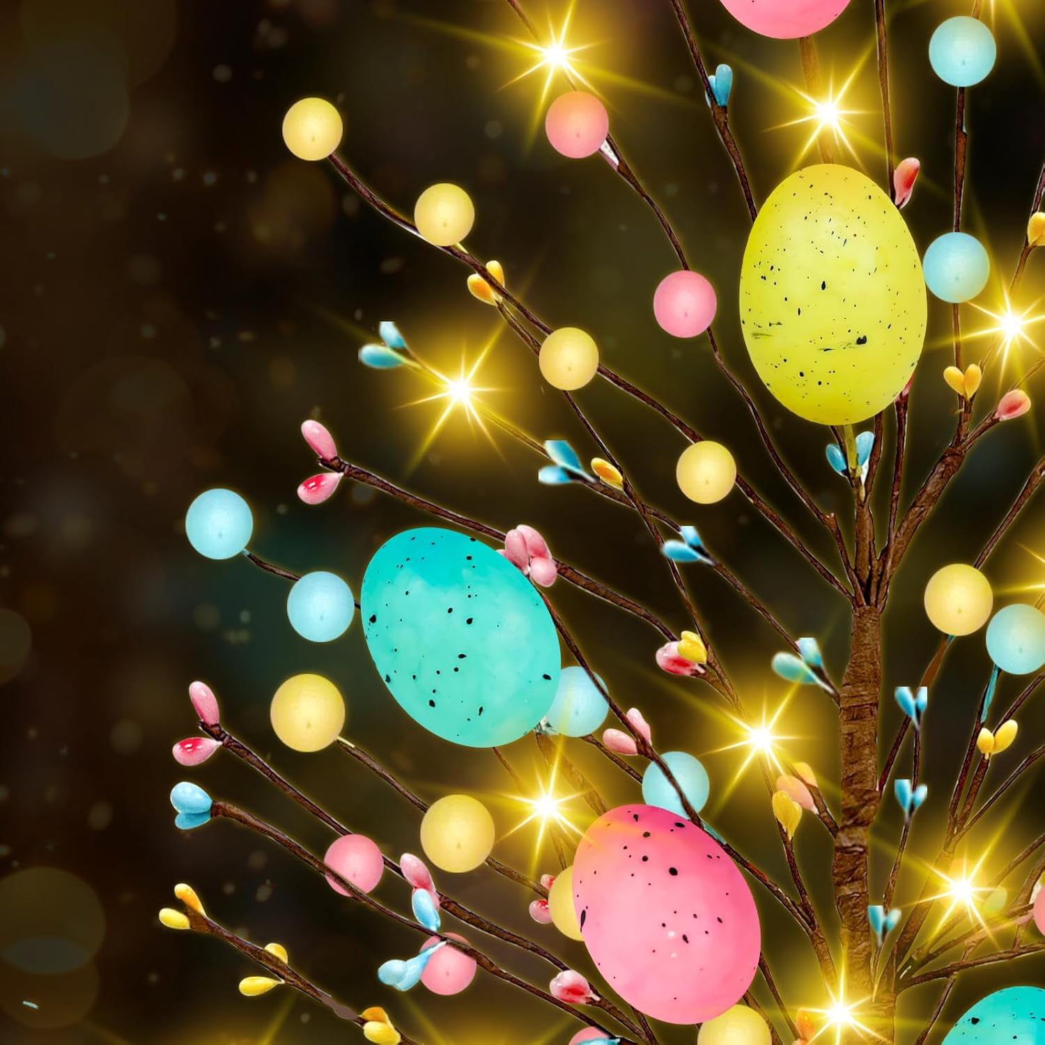 2 Pack & Timer - Easter Decorations, Easter Tree Tabletop with 20 Warm White Lights Battery Operated 19 Inch 8 Large Colorful Eggs 72 Colorful Berries Artificial Tree Easter Decor Spring Home Party