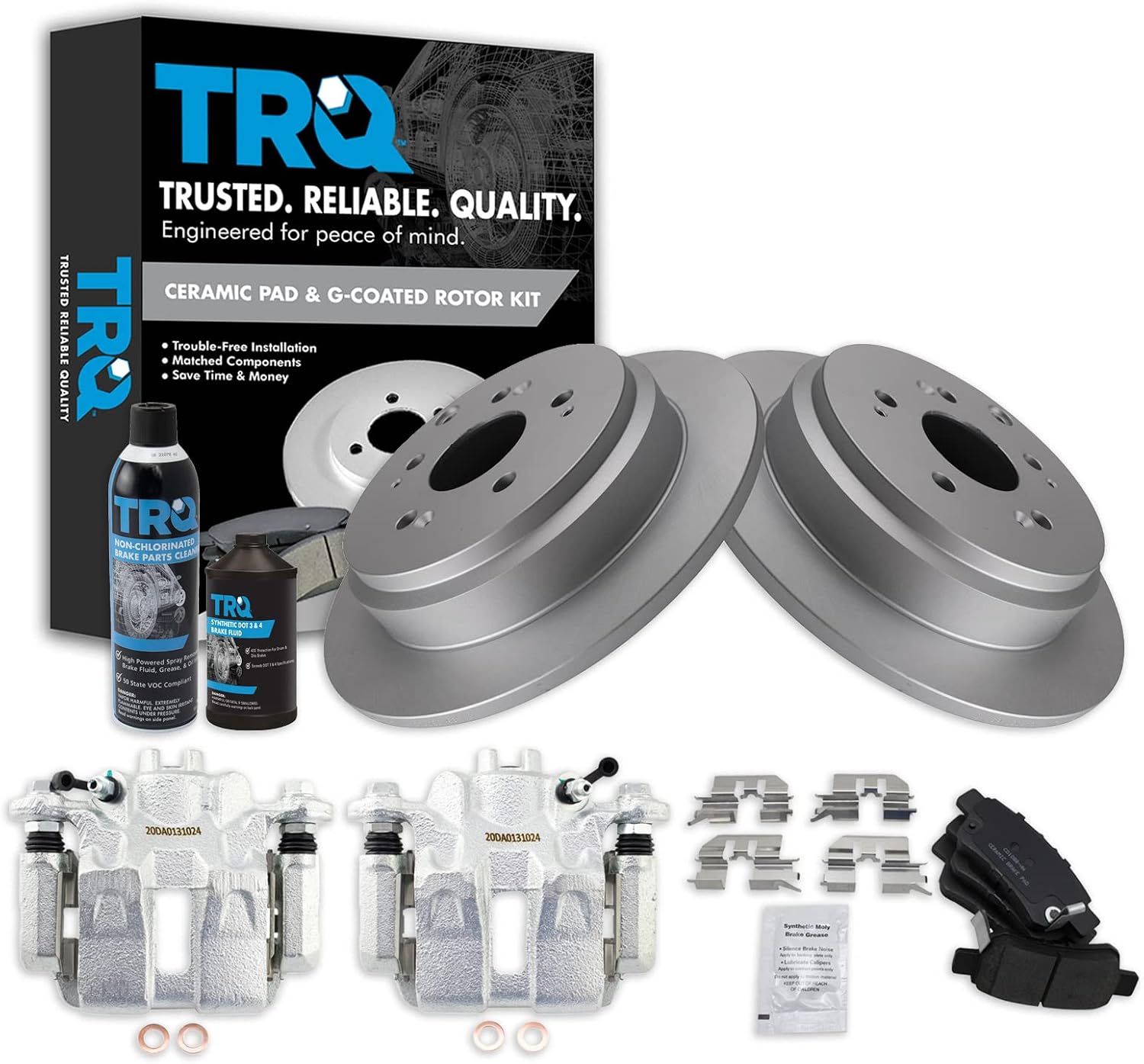 TRQ Rear Brake Pad, Caliper, & Rotor Kit, with Chemical Kit Ceramic Premium G-Coated Compatible with 2005-2010 Honda Odyssey