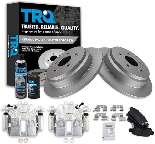 TRQ Kit de pastillas de freno trasero y rotor, pinza de freno, kit químico, pastillas de freno, rotor de freno de cerámica premium recubierto G