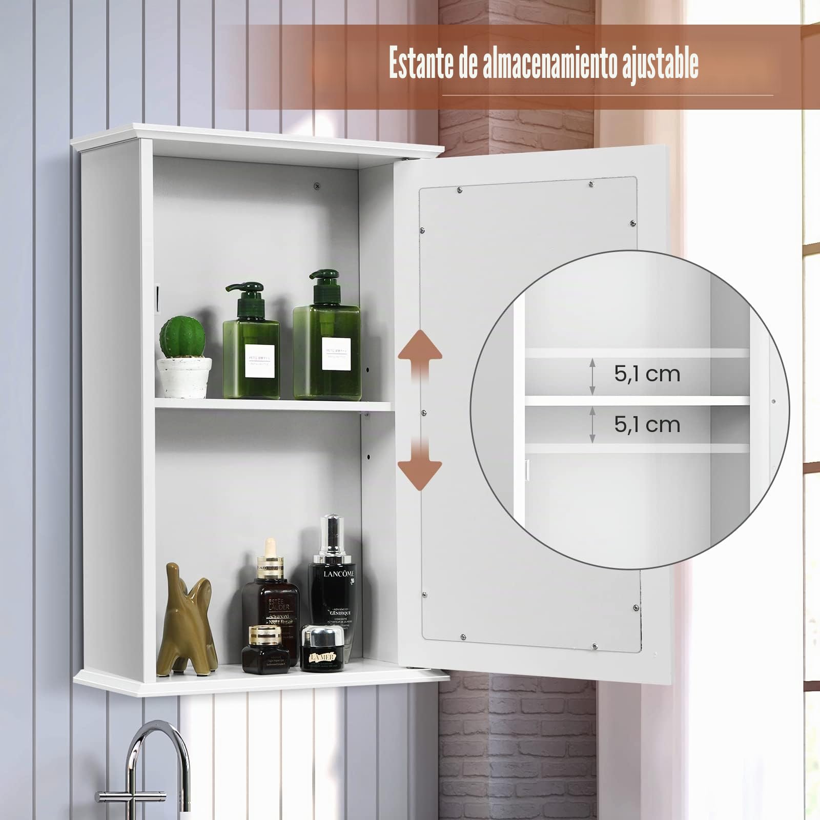 GIANTEX Armario de Pared con Espejo, Mueble de Baño Colgante con Espacio de Almacenamiento, Estante Interior Ajustable, 34 x 15 x 53 cm (Blanco)