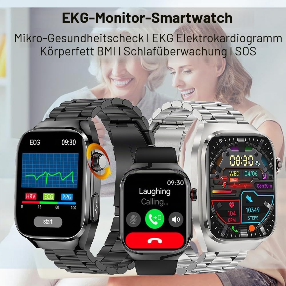 EKG Smartwatch mit Telefonfunktion Blutdruck SpO2 Herzfrequenz | Wasserdichte Fitnessuhr mit SOS, Sportuhr mit BMI Pulsmesser Schlafmonitor Schrittzähler für Android iOS