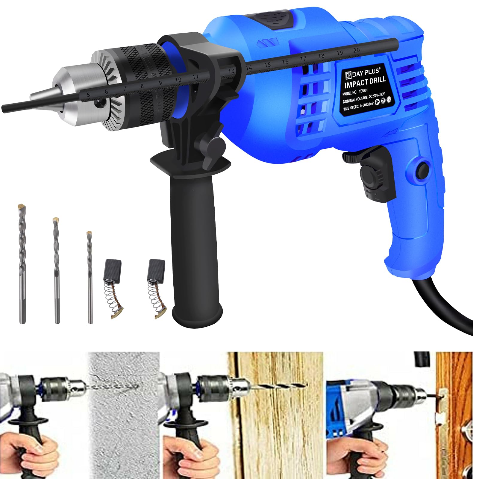 Electric Drill 850W Hammer Drill Impact Drill for Drilling Concrete, Stone, Metal or Wood Includes Metal Depth & Drill Set, 360° Rotating Handle, Variable Speed, Reverse Design