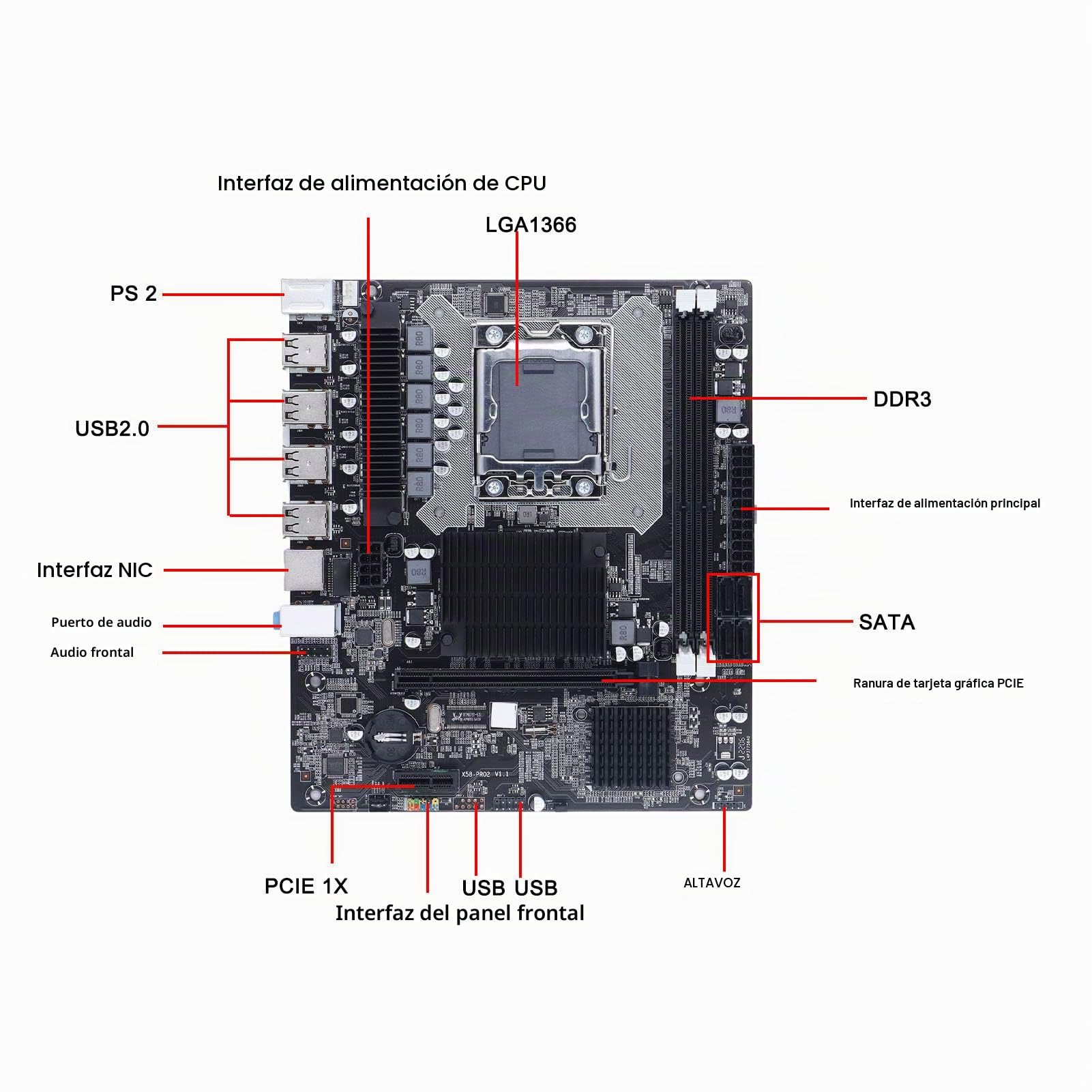 Placa Base X58, 2 Ranuras para CPU DDR3 DIMM LGa 1366 Placa Base para Juegos, Puerto USB 2.0 SATa Placa Base PCB Compatible con Memoria ECC, una Toma de Corriente de 8 Pines, un Conector de Alimentaci