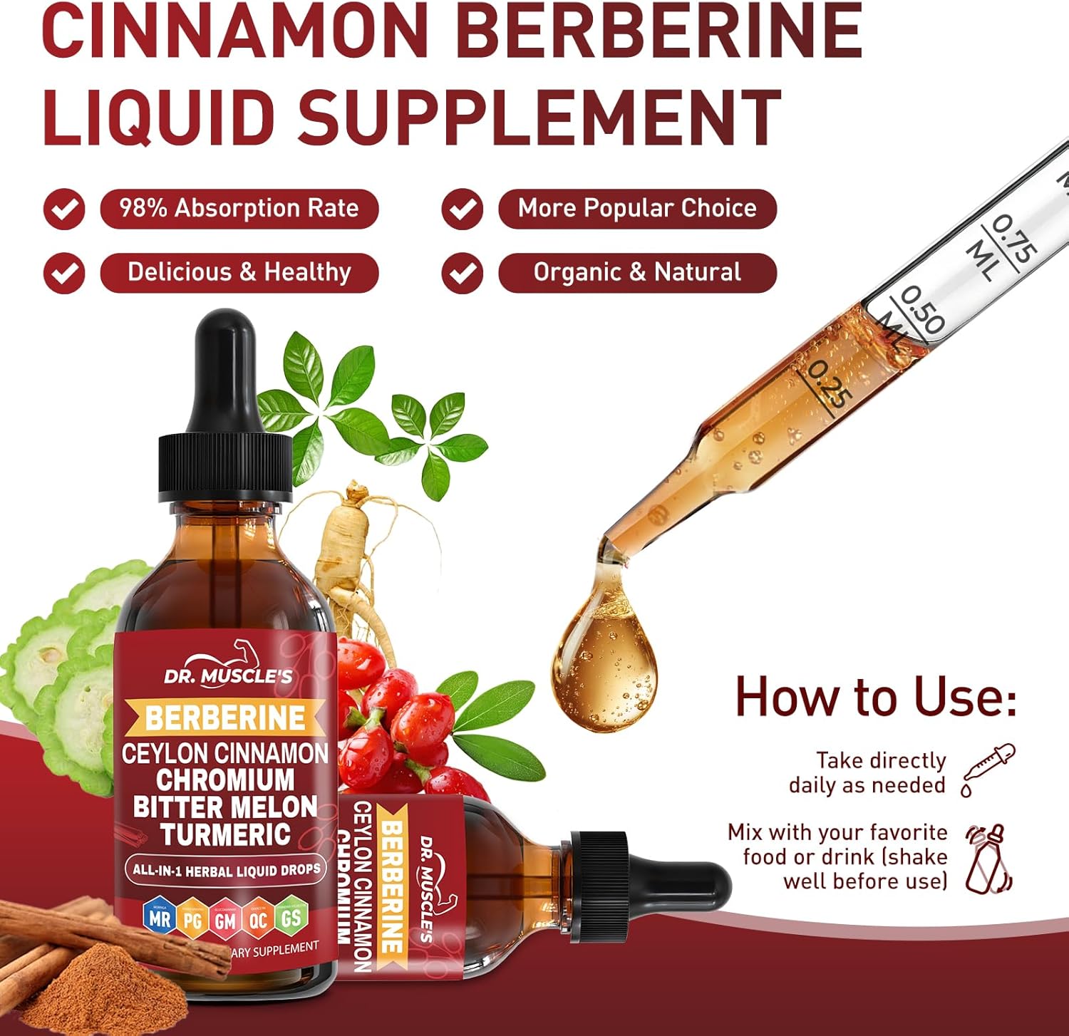 2-Pack Berberine with Ceylon Cinnamon Liquid Drops - Berberine Supplement with Turmeric, Moringa, Bitter Melon, Chromium, Gymnema - Daily Dietary Supplement for Adults, 4 FL OZ - Vegetarian