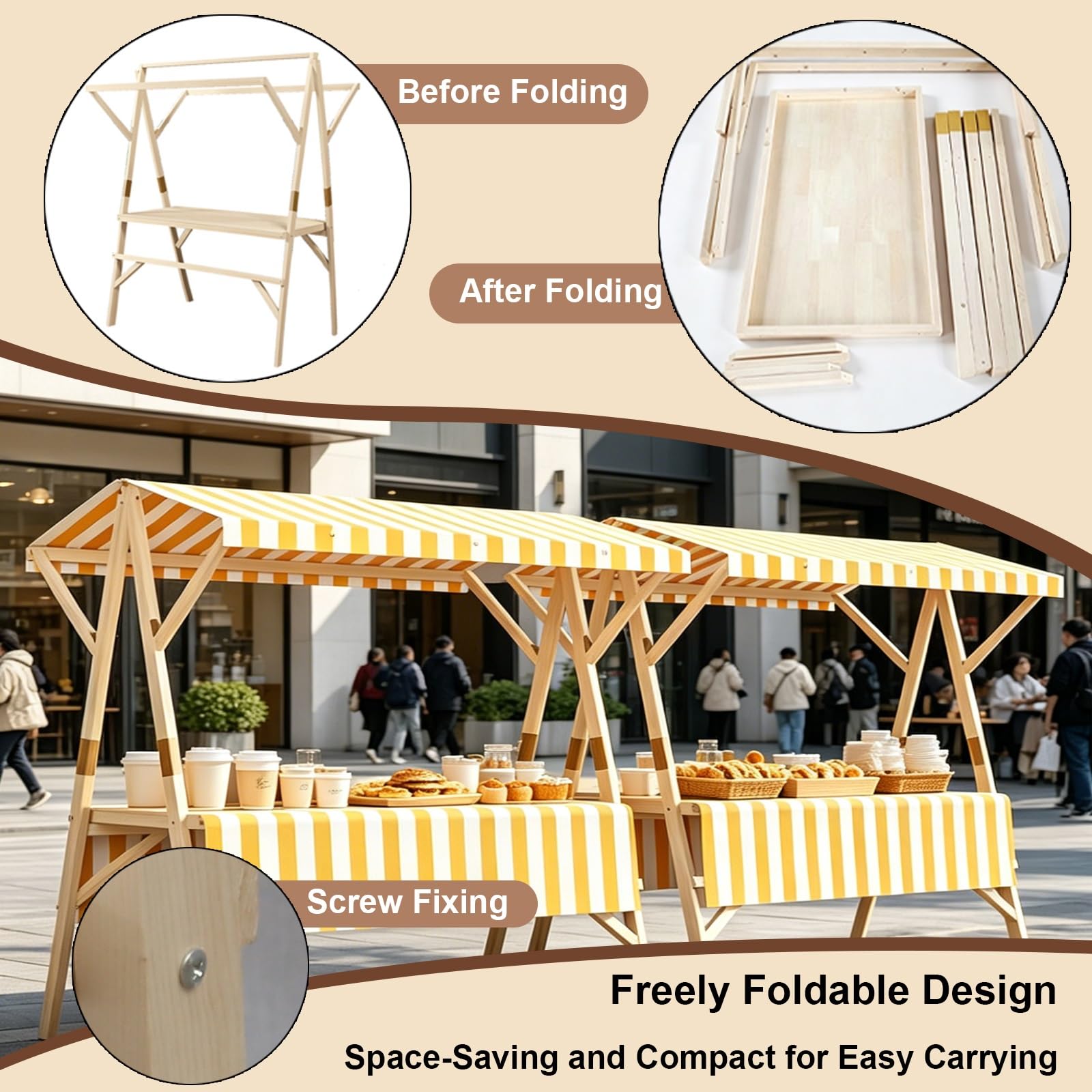 Carro De Comida De Madera con Ruedas, Puesto De Venta Plegable, Carrito De Exhibición Portátil con Toldo Y Mantel, para Mercados Callejeros, Ferias(Red,150cm/59in)