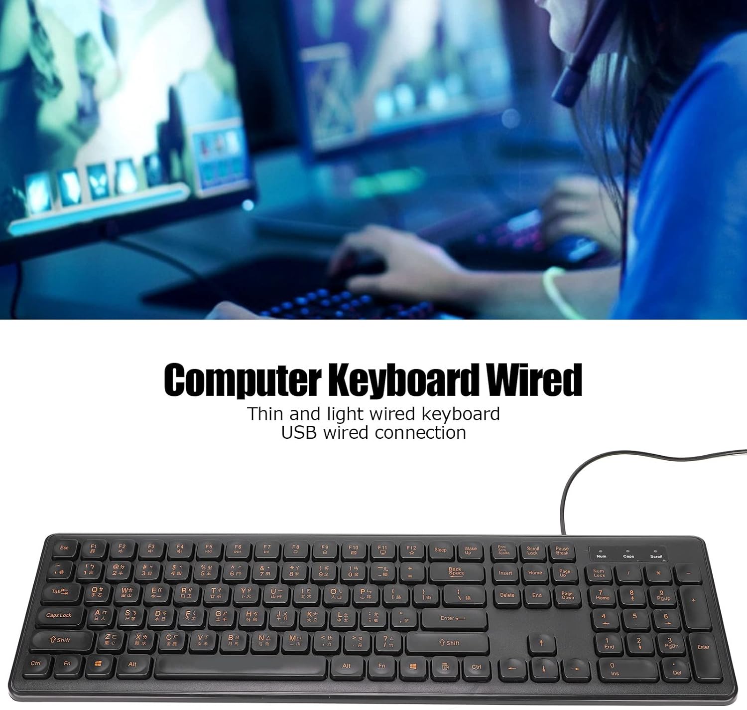 Chinese Keyboard, 108 Keys USB Wired Comfortable Hand Feel Low Noise Bilingual Chinese English Keyboard for Home and Office