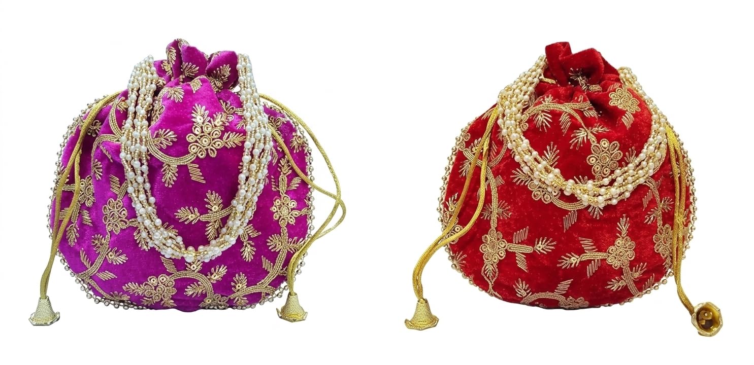 JDDCART Wedding Gifting Potli Combo Set of 2 Stylish Shagun Potli in Velvet Feel Floral Design Fabric with Sequins Flower Pattern (Rani Pink, Gold, Red)-picture-27