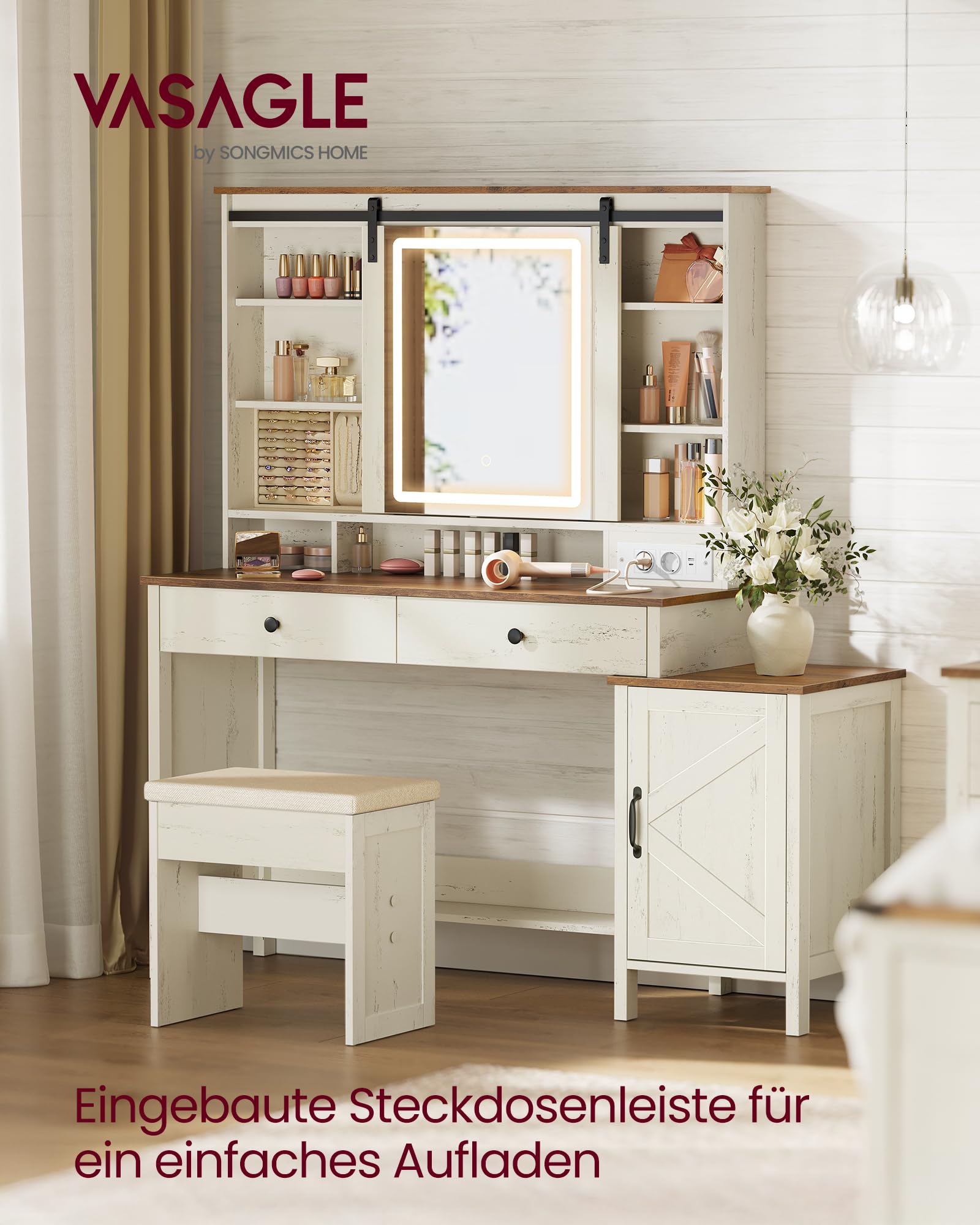 VASAGLE LIRY Kollektion - Schminktisch mit Spiegel und Beleuchtung, Frisiertisch im Landhausstil mit Hocker, Ladestation, 2 Schubladen, Schmuckaufbewahrung, vintageweiß-honigbraun RDT136W01
