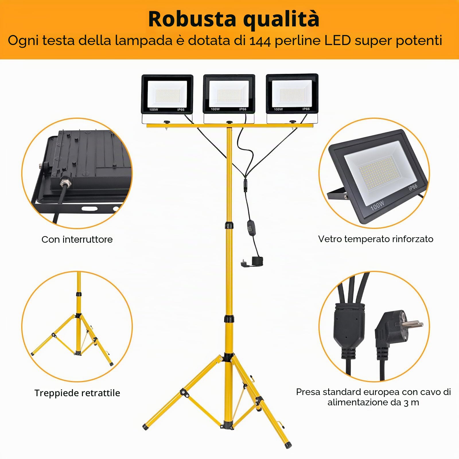 Faretto LED da 300 W, 30000 lm, luce da lavoro super luminosa con treppiede regolabile e cavo da 3 m, spina europea, faro da lavoro, impermeabile, IP66, per garage, officina, cantiere, bianco freddo