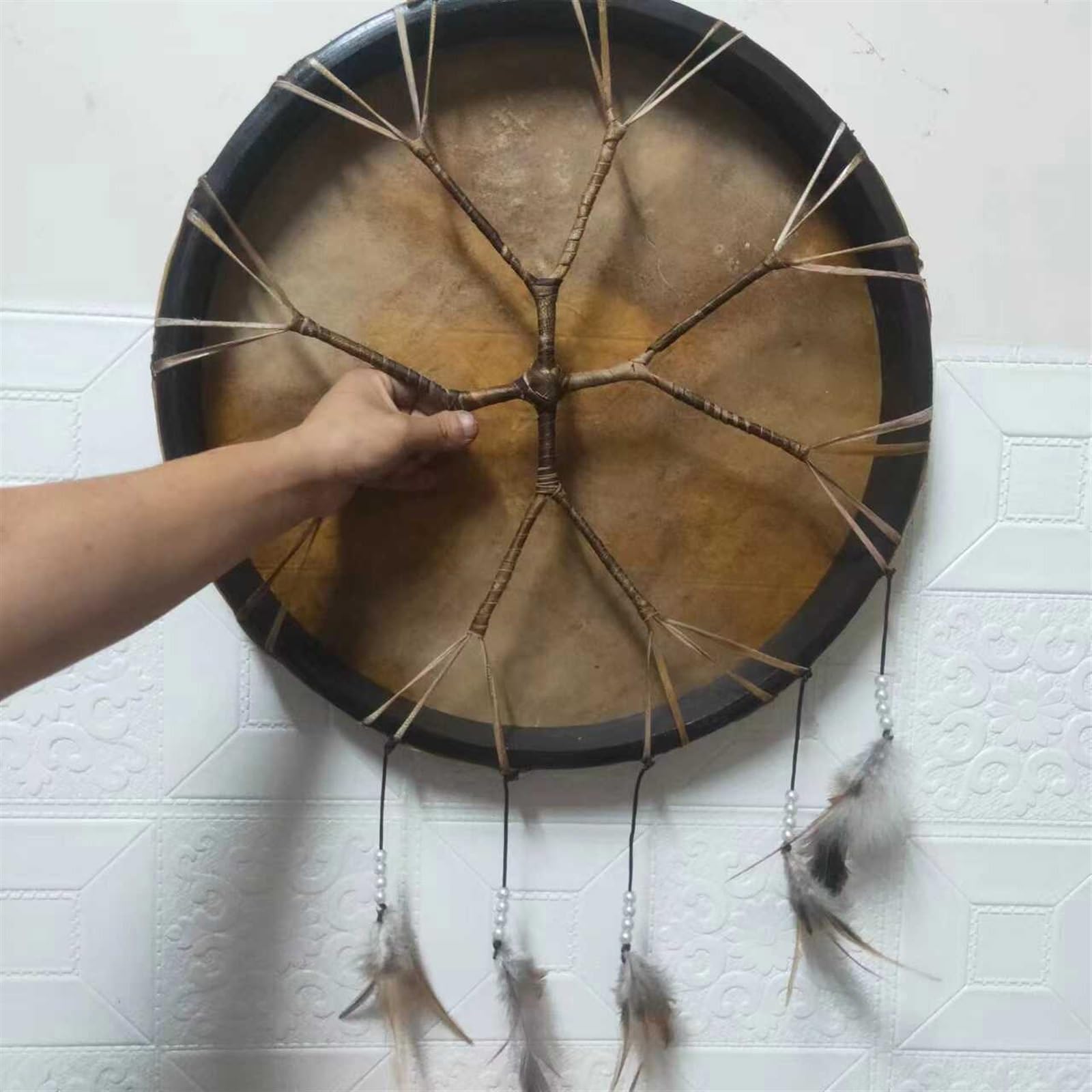 Schamanentrommel Handgemacht Klangheiler Rahmentrommel Spirituelle Musik, Indonesische Trommel Mit Trommelstock Und Tasche Handtrommel Klangheiler Meditation(43cm,Twig)
