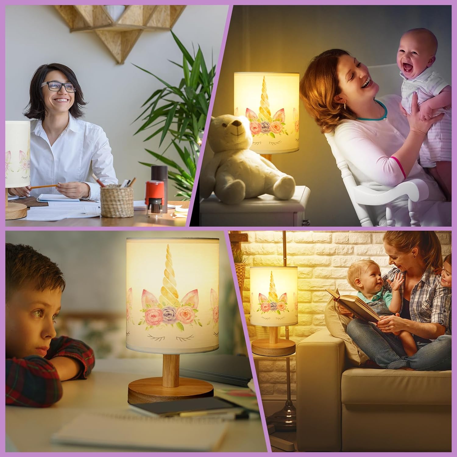 VIHOSE Unicorn Kids Table Lamp for Bedroom Kids Bedside Lamp with Linen Wooden Nightstand Cartoon Nursery Lampshade for Girls Boys Living Room