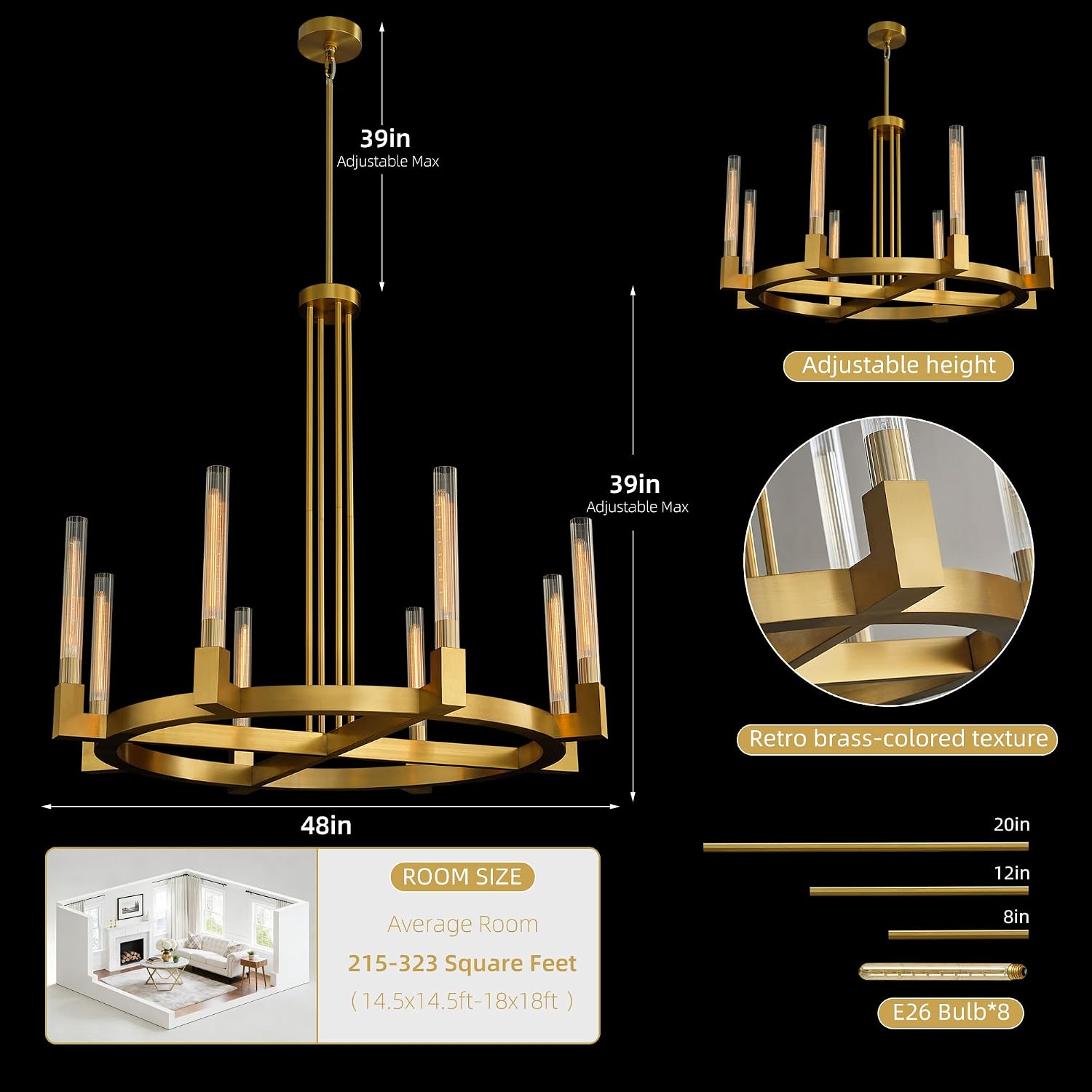 48-Inch Gold Wagon Wheel Chandelier with Glass Tube, 8-Light Vintage Brassy Ceiling Pendant Light Fixture with E26 Base 40W 2200K, Adjustable 39-Inch Rod for Dining Room Living Room Bedroom