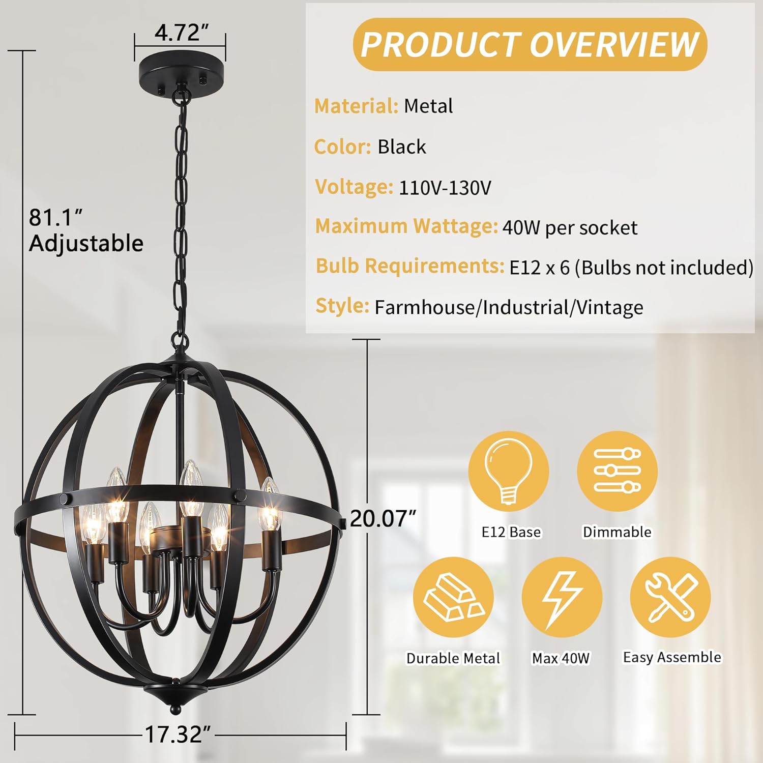 Black Orb Chandelier 6-Light, 17.12'' Small Metal Industrial Globe Pendant Light, Adjustable Hanging Ceiling Light Fixtures, Ceiling Chandelier Light for Kitchen, Dining Room, Foyer