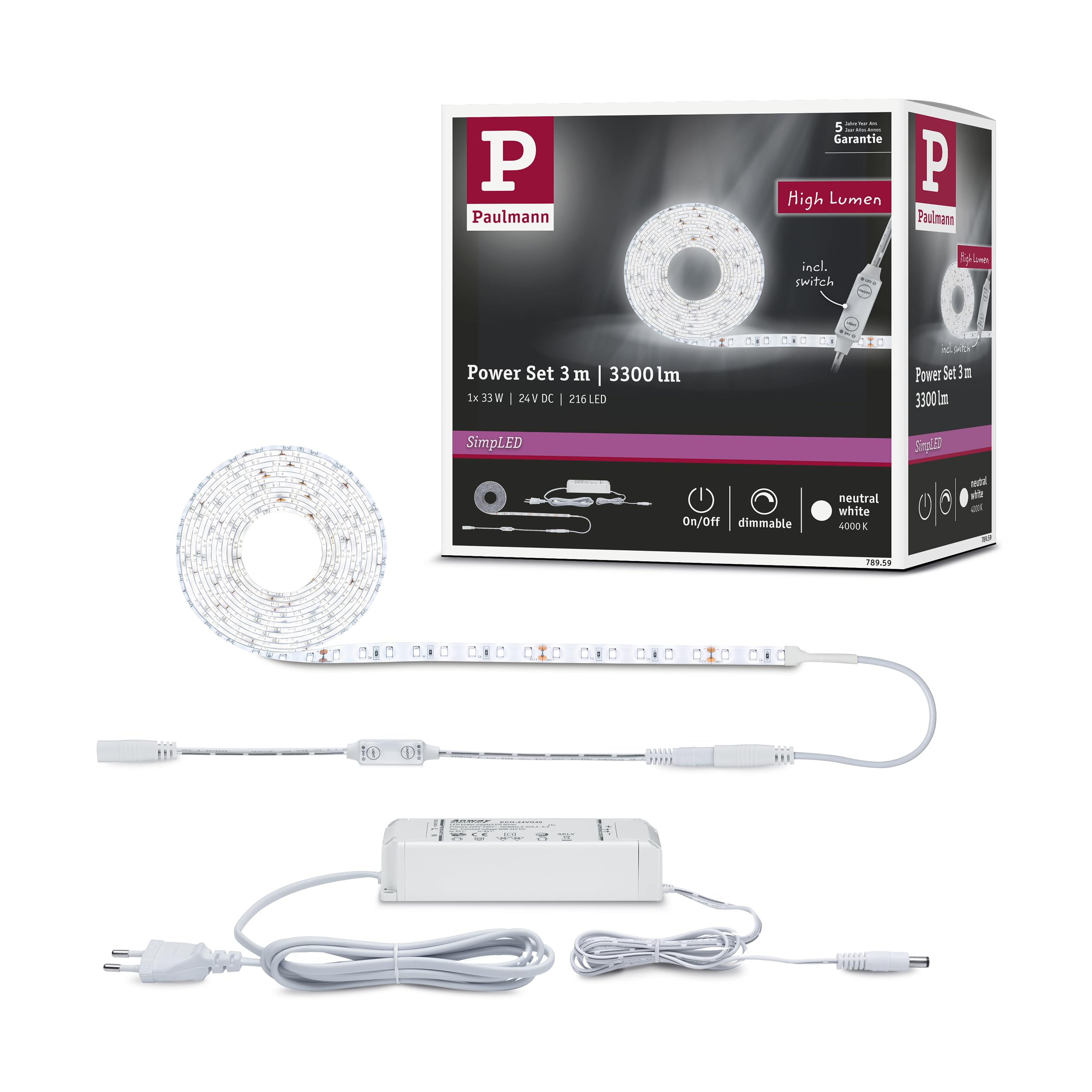 Paulmann 78959 Strip LED SimpLED alimentazione con dimmer su cavo da 3m 1100lm/m incl. 1 dimmerabile da 33 W IP44 bianco striscia luminosa 4000K