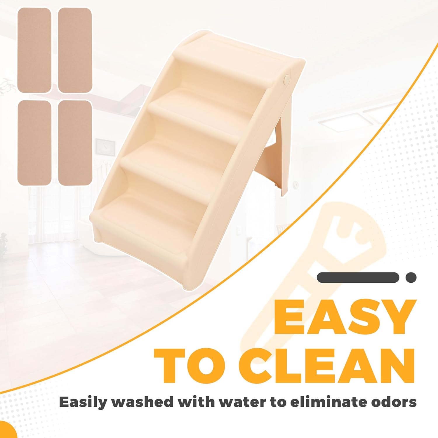 Kojem Foldable Pet Stairs Dogs & Cats Steps for High Bed Couch Truck SUV 4 Non-Slip Steps with Support Frame Indoor Outdoor Portable Pet Ladder Beige PP