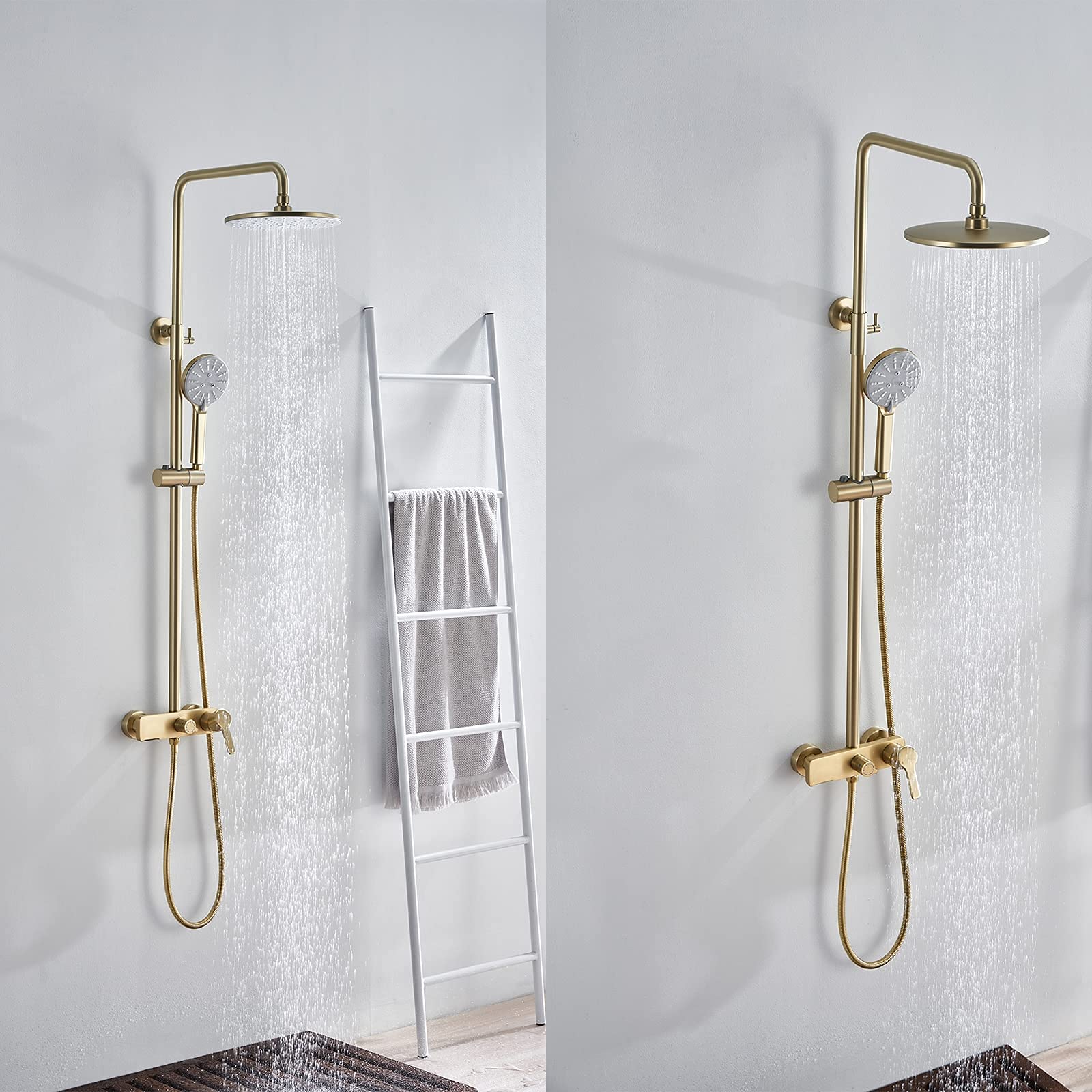 Set combinato per doccia con maniglia singola, montaggio a parete, con soffione doccia, doccetta a mano, beccuccio per vasca a cascata, cromato (oro spazzolato)