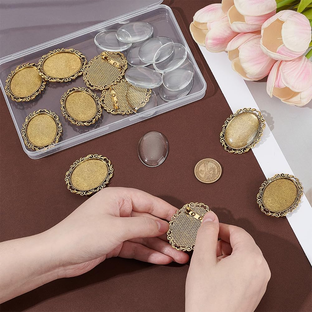 PH PandaHall 10 Sets Brooch Cabochon Making Kit, 40x30mm Vintage Oval Brooch Bezel Blank Memorial Photo Pins with Clear Glass Cabochons for Jewelry Making Wedding Graduation Party, Antique Golden - Image 3