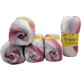 5 x 100 g Knitting Yarn Cicibebe Batik Multicoloured with Colour Gradient 500 g Knitting Wool Colourful Colour Gradient Yarn Rosewood Pink Blue White 550-53