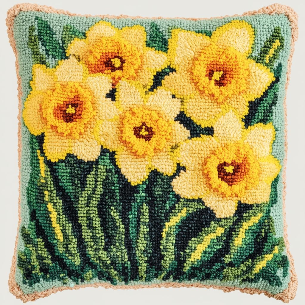 Taxpy Yellow Latch Hook Kit, Flowers Pillow Latch Hook Embroidery Kits Diy Crochet Yarn Pillowcase Sewing Making Kits Embroidery Kit 43X43cm