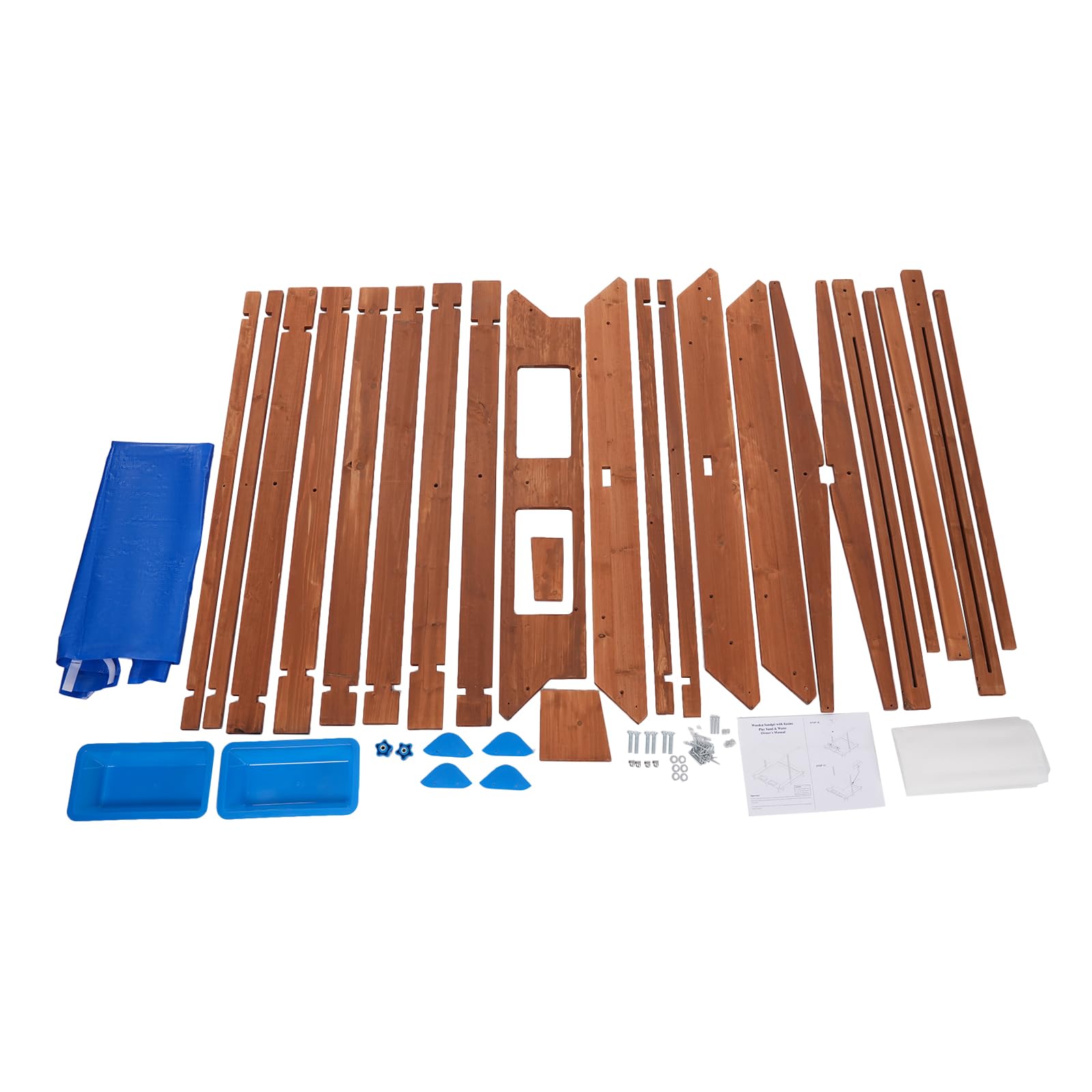 Sabbiera in legno per bambini con copertura del tetto, 126 x 121 x 118 cm, sabbiera in legno blu e marrone, con tappetino per sabbia per giardino, esterno per bambini dai 3 anni ai 14 anni