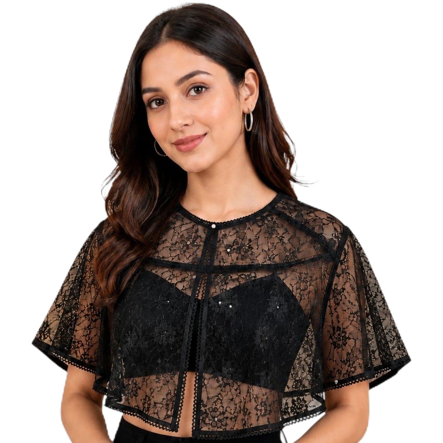 Women's Black Sheer Lace Crop Cape Top with Floral Design | Flutter Sleeves, Sequin Embellishment, Lightweight & Comfortable, Pairs with Any Outfit, Stylish Lace Design-image-21