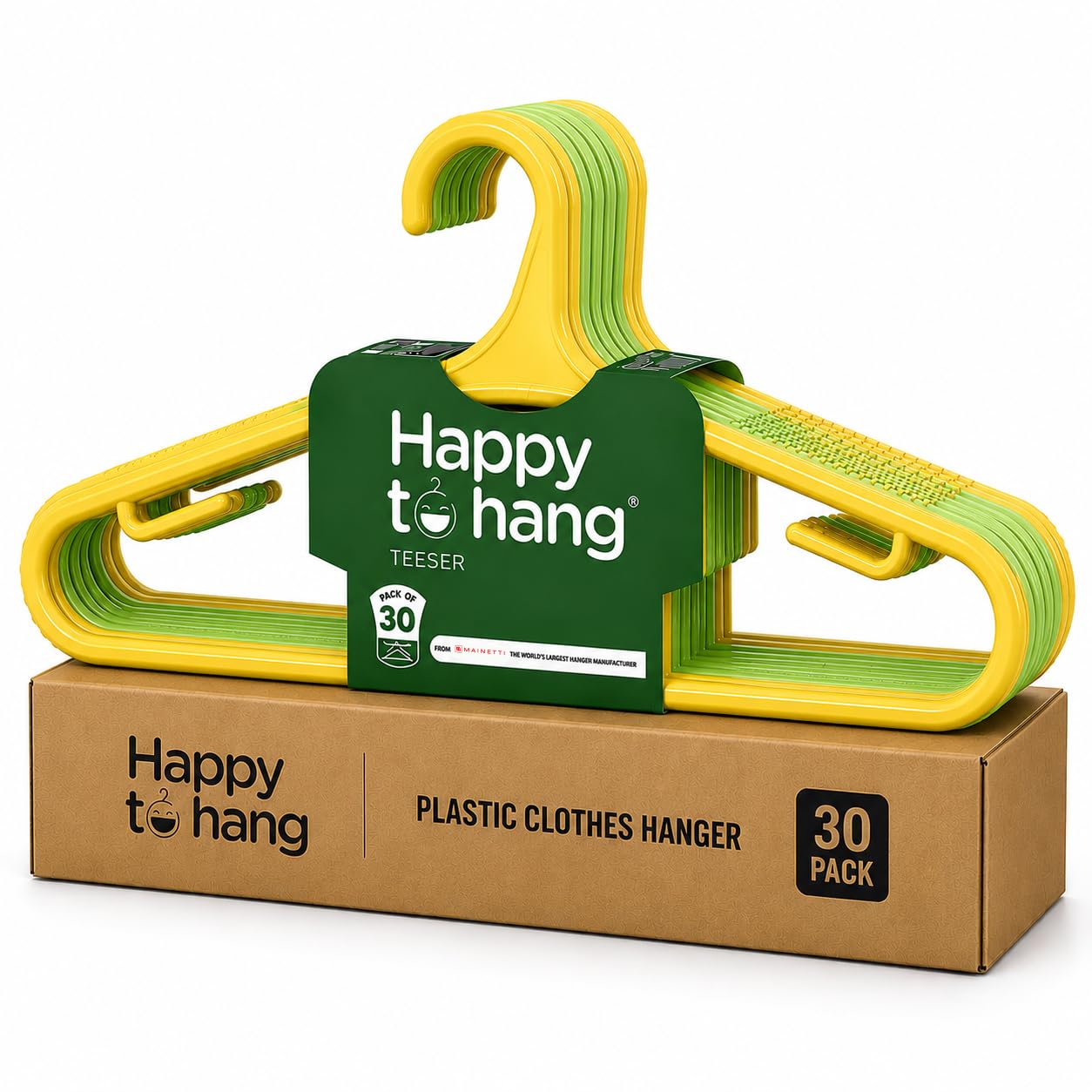 Happy To Hang Teeser Plastic Cloth Hangers | Stylish Italian Design | Hanger Set for Clothes, Tees, Shirts, Sarees & Wardrobe Storage | Almirah Hanger | Pack of 30 (Yellow & Green)