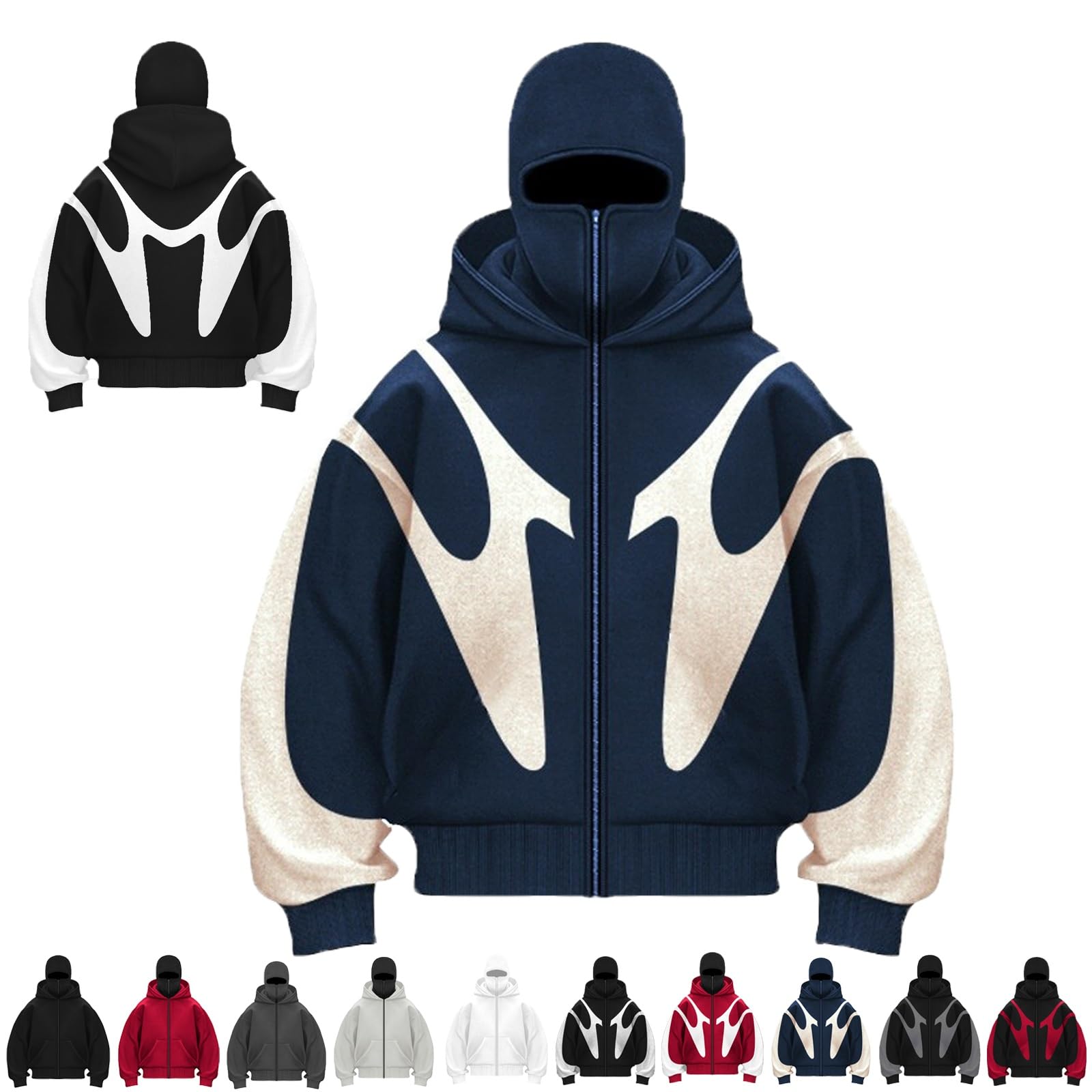 MGHN Balaclava Hoodie Zipper, Winter Wind-resistant Men's Hoodies Balaclava Double Hooded Fleece Zip Jacket With Mask(Blue White,M)
