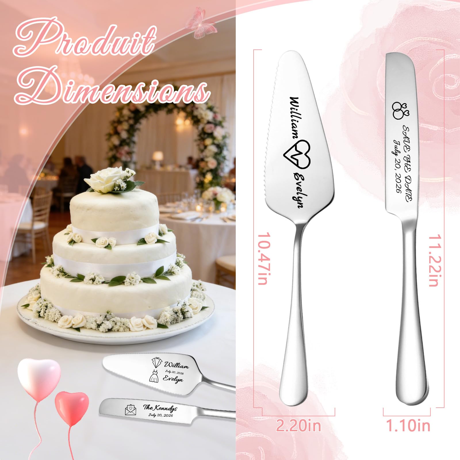 Couteau et Pelle à Gâteau de Mariage Personnalisé – Ensemble Couvert Témoin en Acier Inoxydable avec Gravure Originale – Idéal pour Anniversaire, Da (Noir)