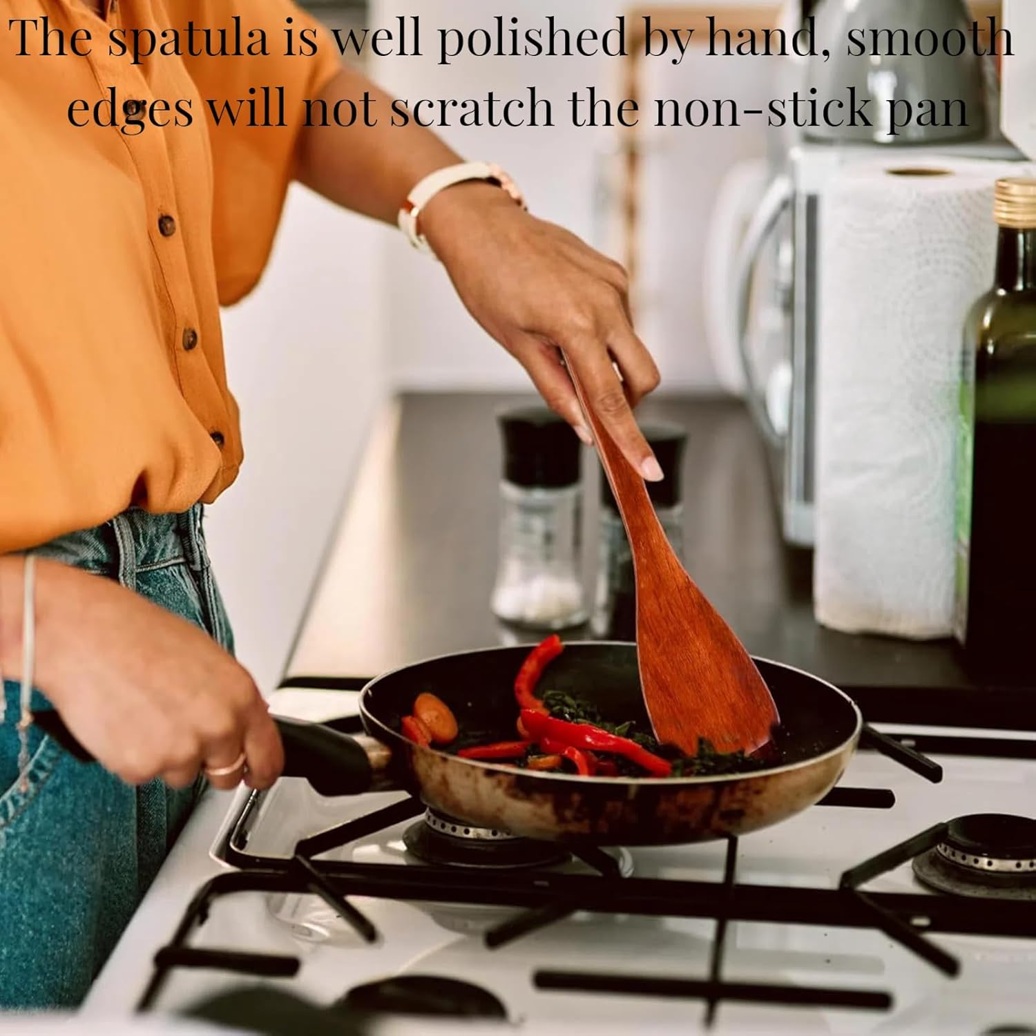 12.8-inch Cherry Wood Spatula 2 Pack, Long Handle Flat Wooden Spatula Cooking Utensils for Nonstick Cookware, Kitchen Spatula for Cooking Flipping, Serving, Scraping & Turning - Image 3