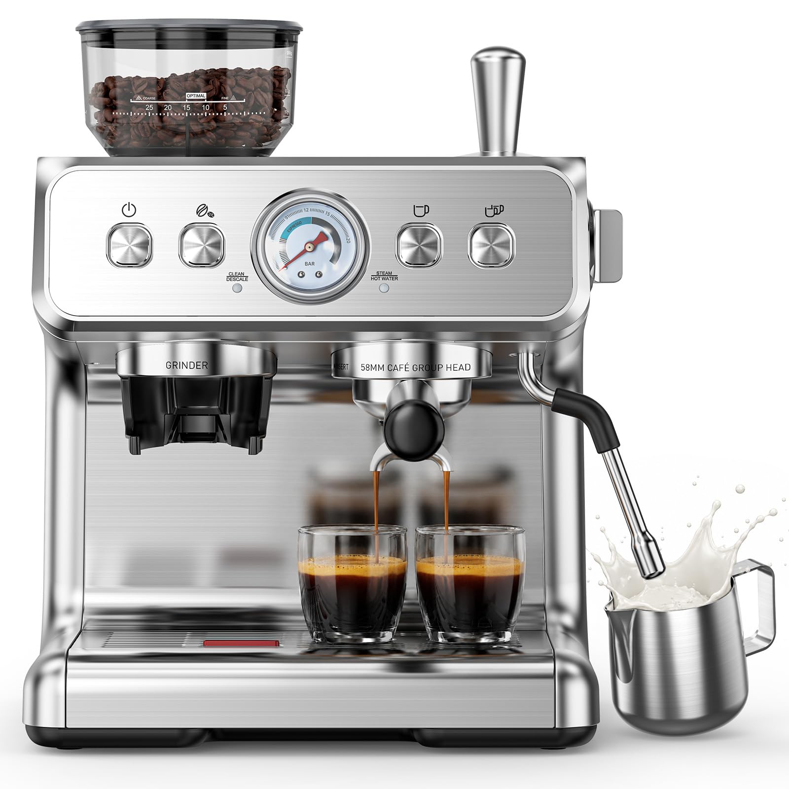 Electactic - Máquina de café espresso de 15 bar con molinillo y espumador de leche, cafetera espresso de 58 mm, cafetera de acero inoxidable para capuchino y café con leche, perfecto para