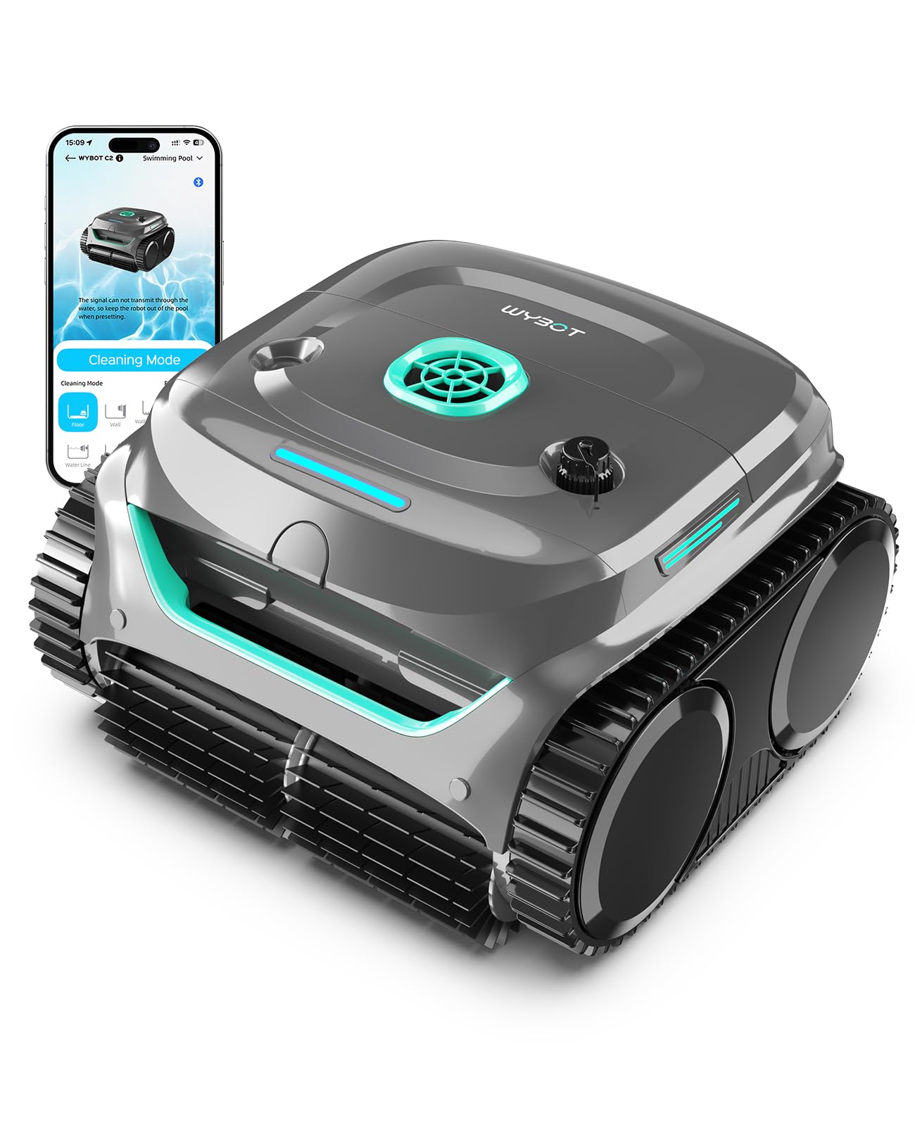 WYBOT C2 Limpiafondos Piscina Robot Inalámbrico, 3 Motores, Doble Filtración, Limpieza Paredes y Línea de Agua, Autonomía 180 Min, para Piscinas Enterradas hasta 150㎡, App(Verde Gris Oscuro-Verde)