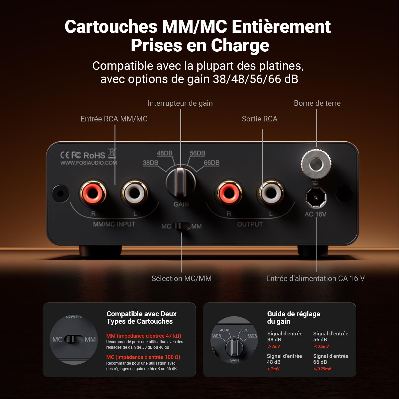 Fosi Audio BOX X5 Préampli Phono, Mini Préamplificateur Audio Domestique pour Platine Vinyle à Cartouche MM et MC/Lecteur de Disque Phonographe/Haut-Parleurs Actifs avec Gain Réglable à 4 Niveaux