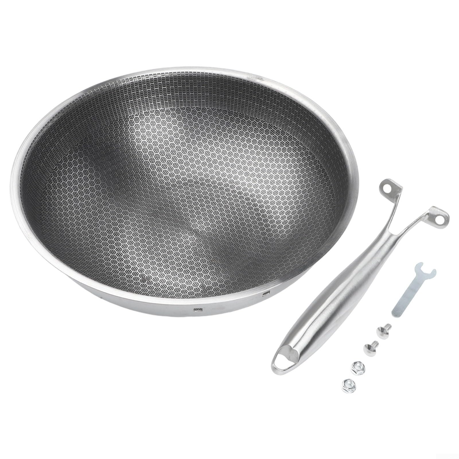 Wok in acciaio inox con rivestimento antiaderente – senza PFAS, motivo a nido d'ape antigraffio, lavabile in lavastoviglie, per forno a induzione a gas, 30 cm, argento (32 x 32 x 11 cm)
