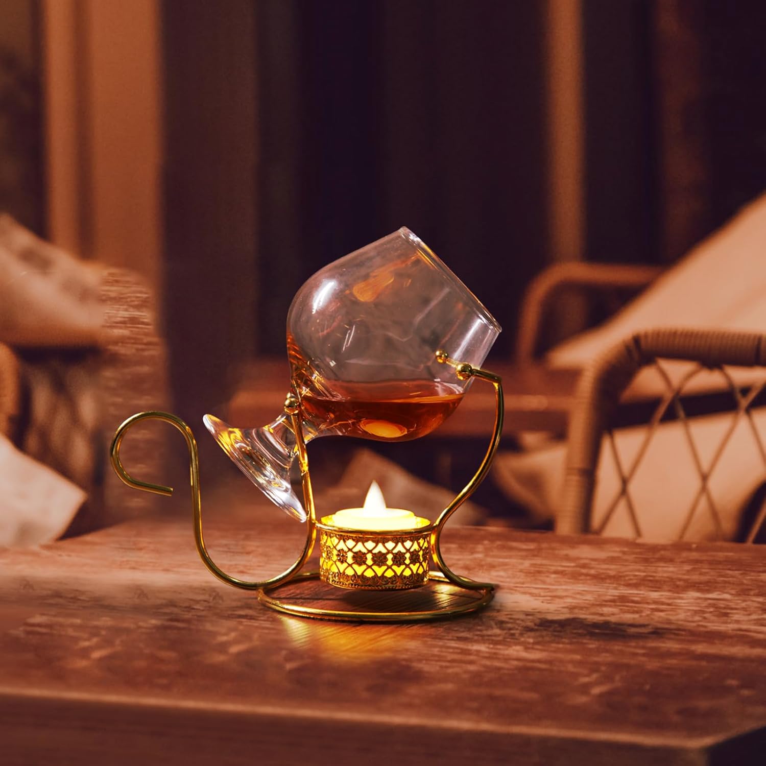 Brandy Warmer Set - Cognac Snifters Warmer with Candle Heating Base and Metal Stand (Gold)