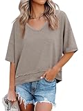 Womens Summer V Neck T Shirts Casual Short Sleeve Flowy Tops Cute Loose Fit Basic Tees