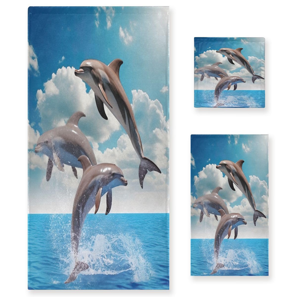 Nander Juego de toallas de algodón suave de 3 piezas, respetuoso con el medio ambiente, 1 toalla de baño, 1 toalla de mano, 1 paño de lavado, diseño de delfines saltando azul océano