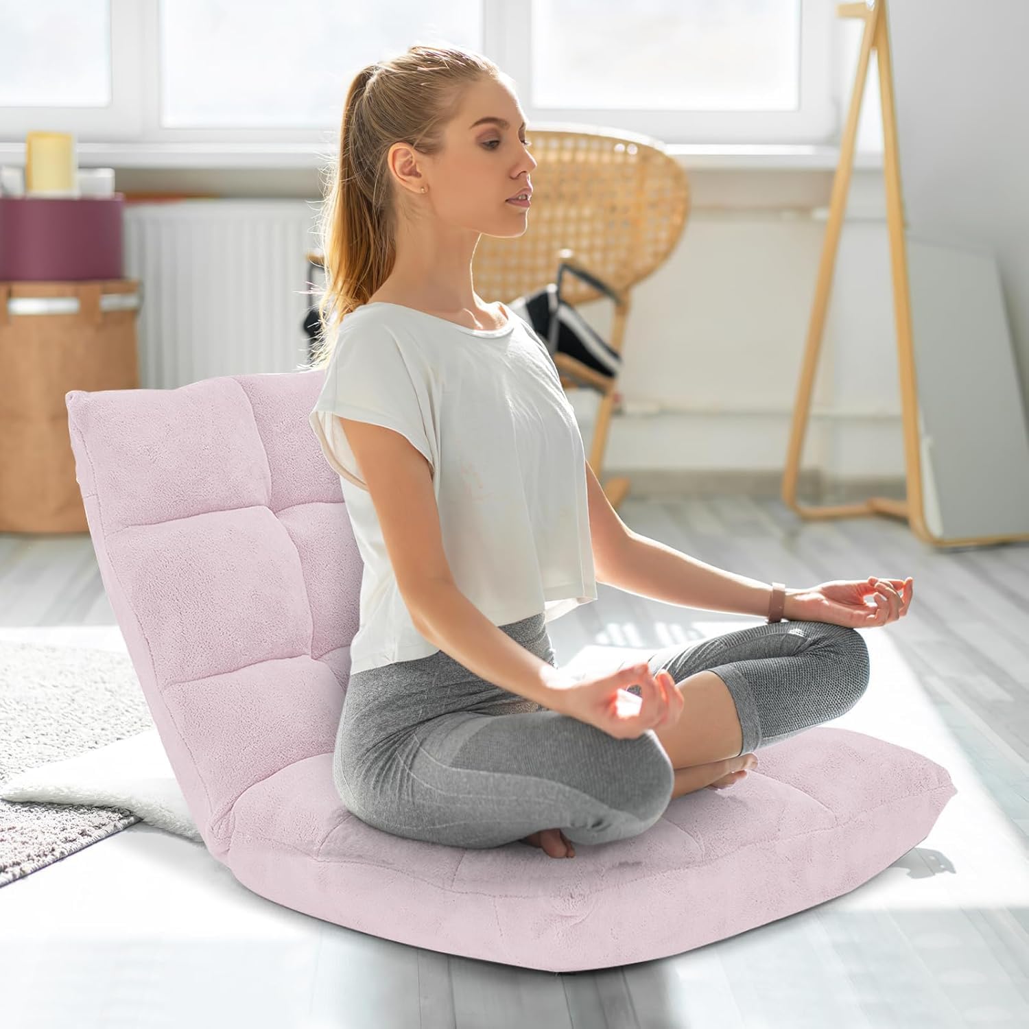 KOMFOTT 14-Position Adjustable Floor Chair with Back Support - Folding Padded Gaming Sofa Chair for Reading, Meditation, Living Room Lazy Lounge, Video Gaming - Light Pink