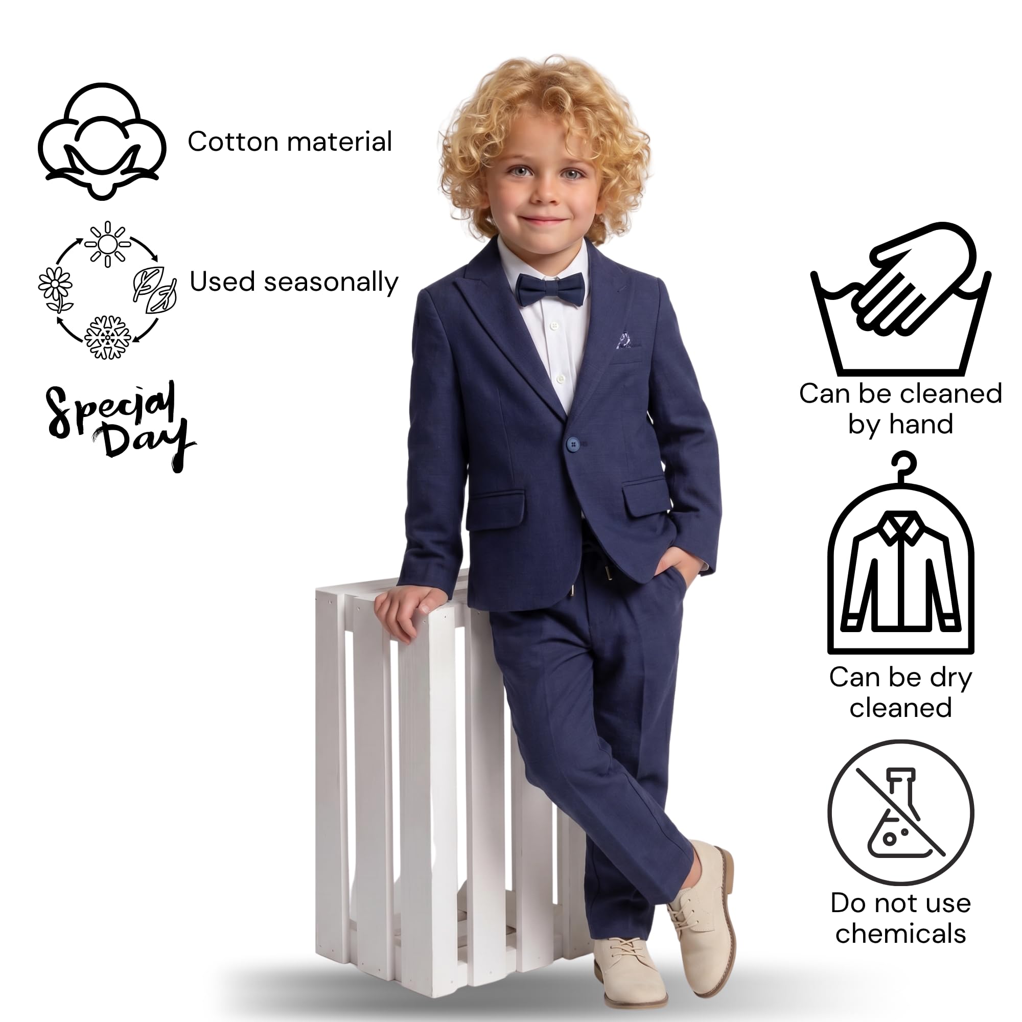 Traje para niños | Conjunto de 4 piezas de tela de licra flexible y cómodo 100% algodón, camisa, pantalones, chaqueta y pajarita | con elastano para fiesta y ropa formal para niños