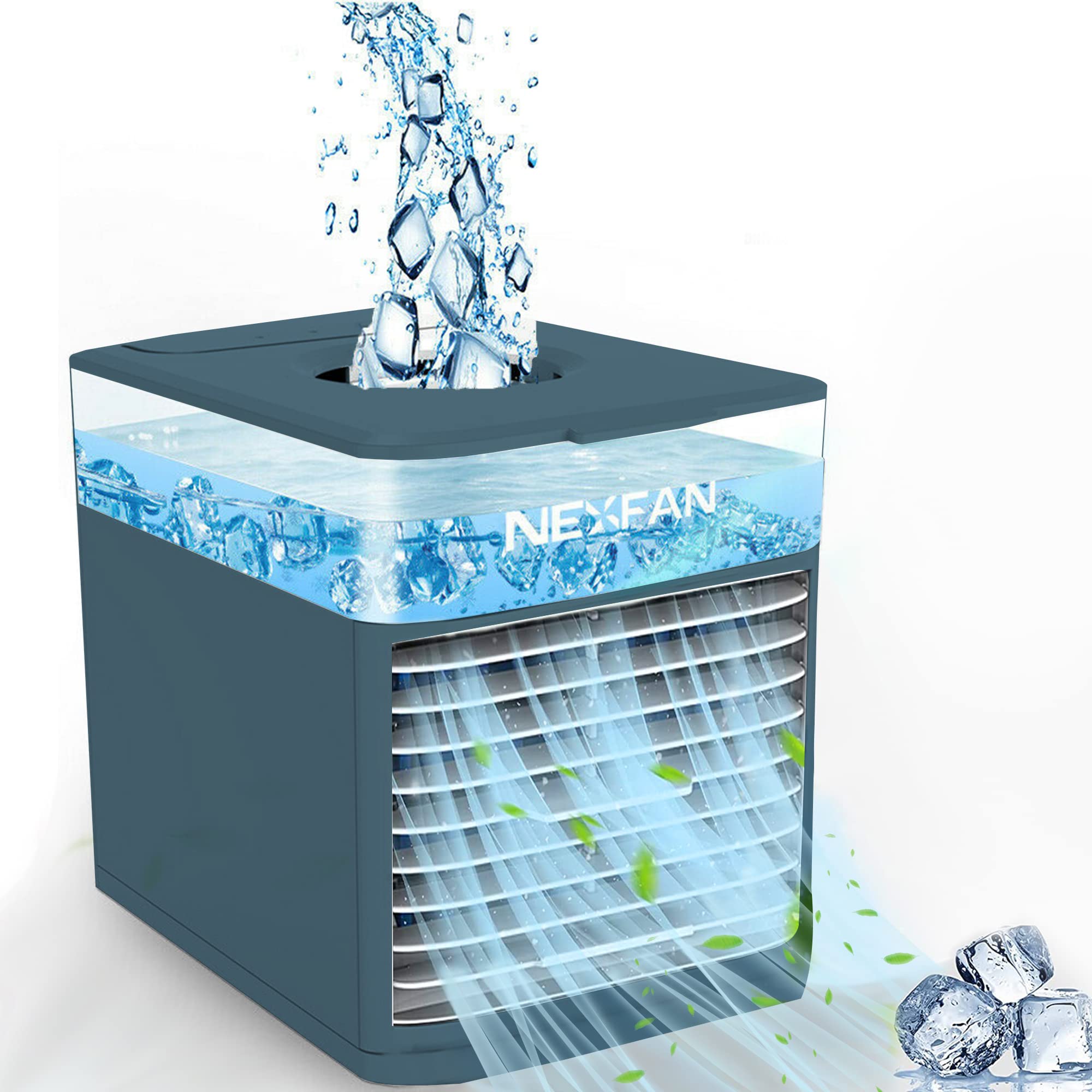 Nexfan EVO PRO Aire Acondicionado Portátil Mini 3 en 1 Aire Acondicionado USB Enfriador de Aire y Humidificador 3 Velocidades Ajustables, Luces LED Ventilador para Hogar y Oficina, Azul