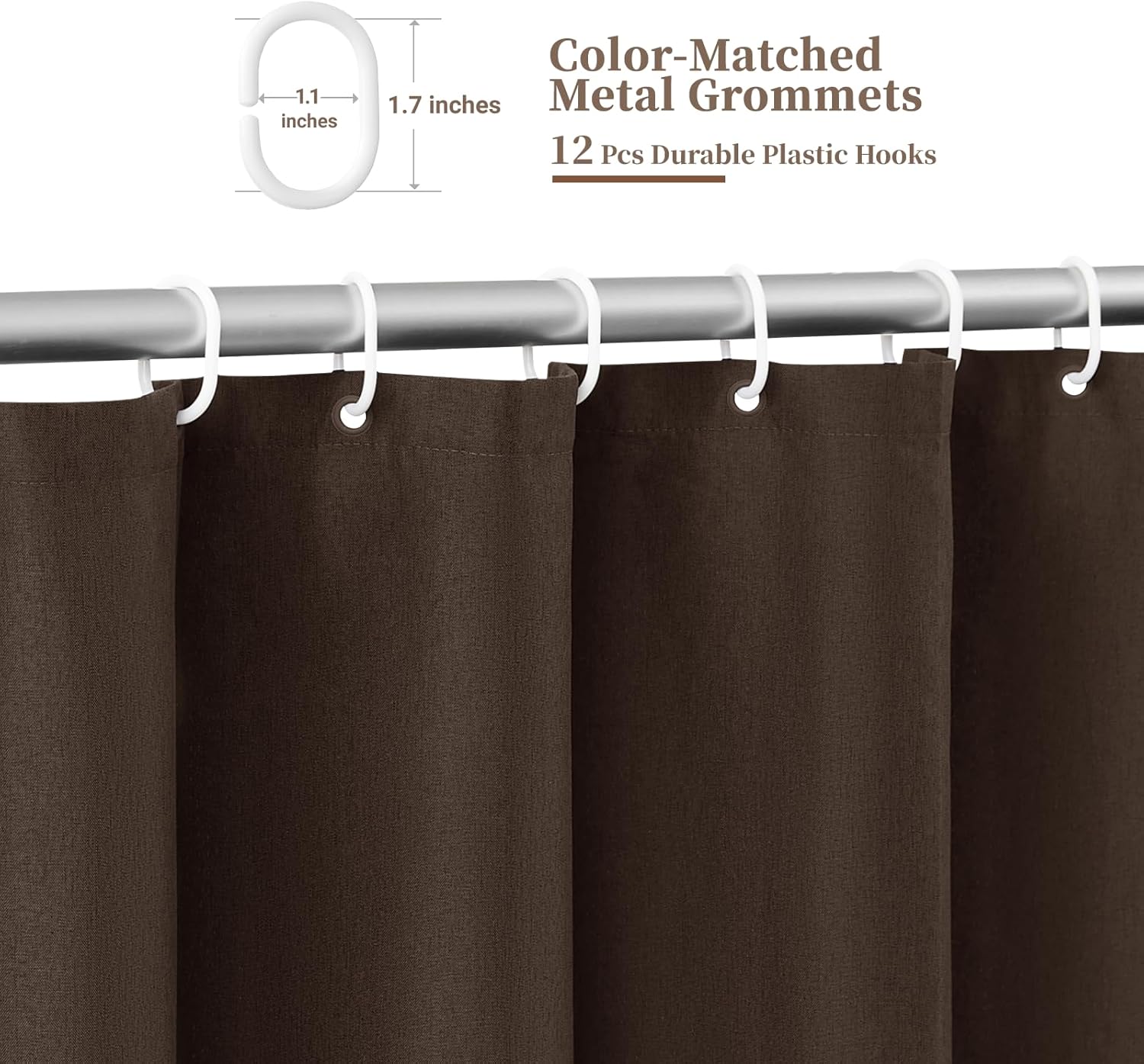 BTTN Extra Long Shower Curtain - 96 Inch Long Cute Scalloped Linen Textured Thick Fabric Shower Curtain Set with 12 Hooks, Large Elegant Aesthetic Waterproof Shower Curtains for Bathroom, Brown