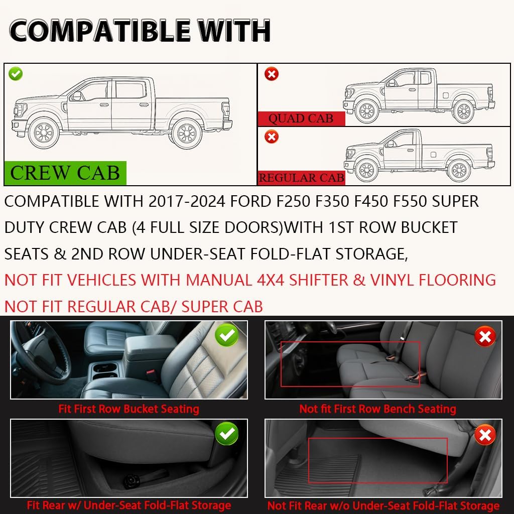 PIT66 Floor Mats Compatible with 2017-2024 Ford F250 F350 F450 F550 Super Duty Crew Cab (4 Full Size Doors), TPE 3-Piece Premium Floor Liners Interior Accessories