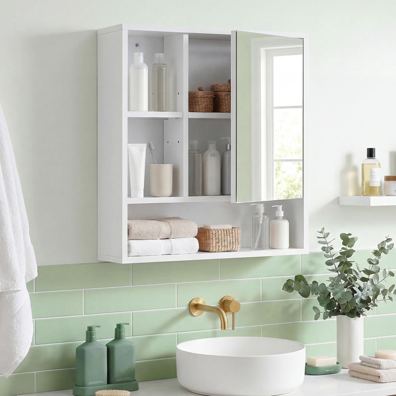 COSTWAY Mobile Bagno con Specchio da Parete in Legno, Bianco